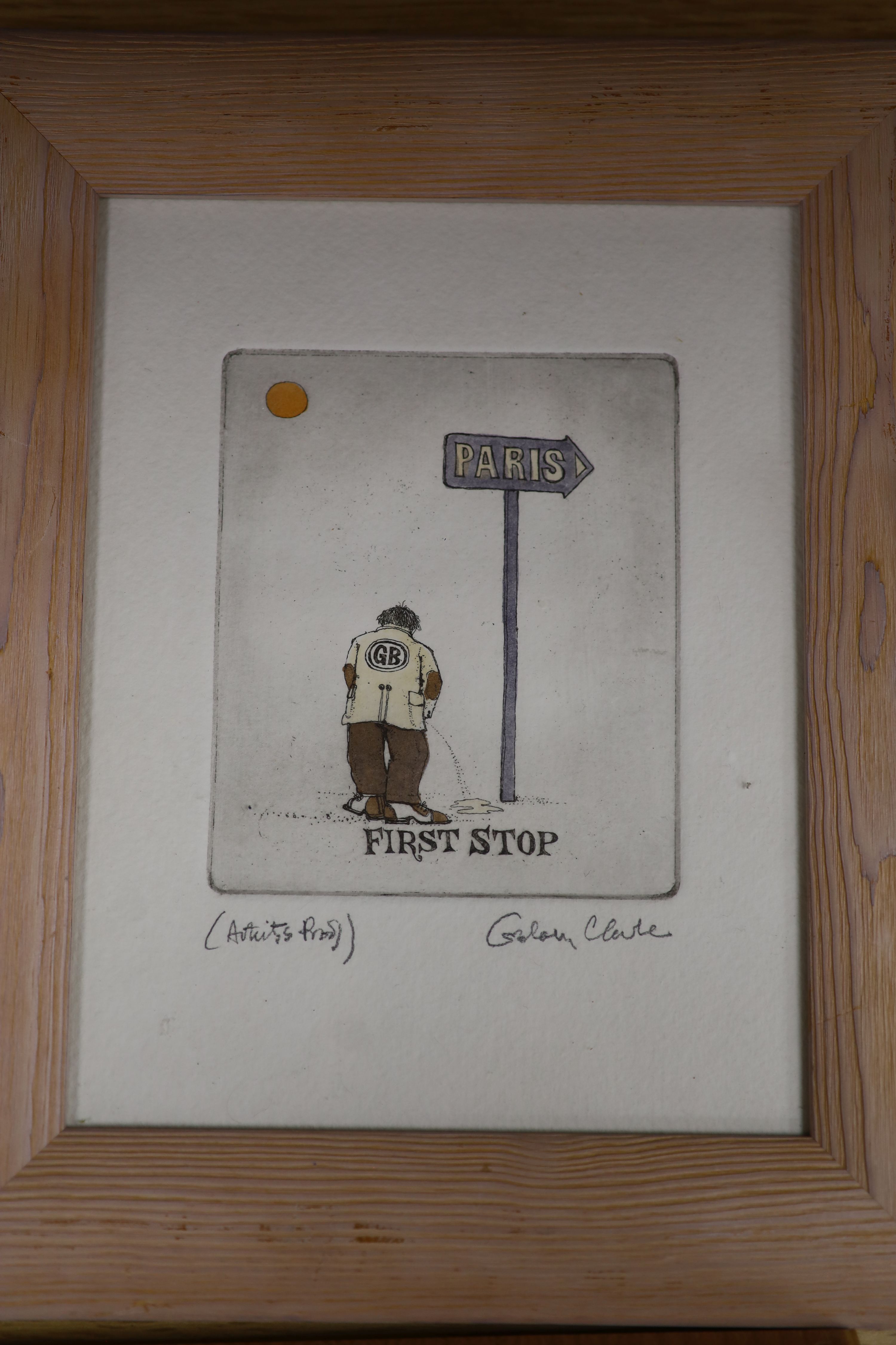 Graham Clarke, six assorted limited edition / artist's proof prints, Kettle Watching, Cat Fish, First Stop, The Hamilton Lady, One Man Band and Skip